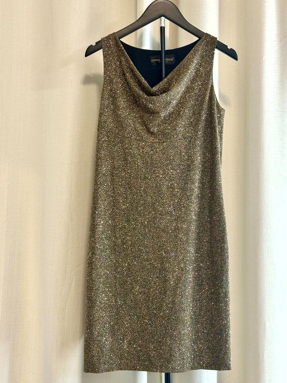 Vintage 90s Donna Ricco Gold Metallic Cowl Neck Sheath Dress Size 6